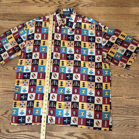 VINTAGE TIMNEY FOWLER FOR GO SILK ALL OVER PRINT MENS SHIRT Large Medium Tribal - Picture 8 of 11